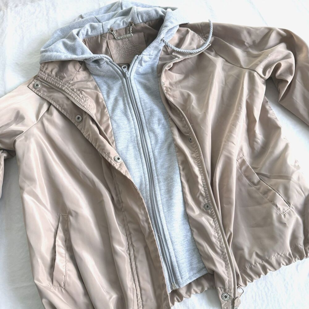 Jou Jou Womens Spring Khaki Windbreaker Jacket Hoodie Sweatshirt Hood Size XS